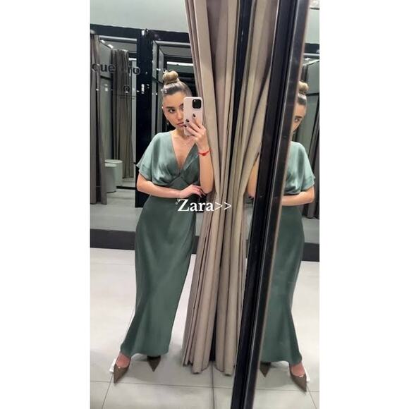 NWT Zara Green Satin Slip Midi Dress Sz Large Short Sleeve Cocktail Quiet Luxury - Picture 14 of 14